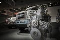 MOSCOW, SEP, 5, 2017: View on YAMZ engine motor for off-road URAL mud truck for hard to reach areas. Off road cargo trucks for civ Royalty Free Stock Photo