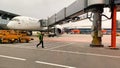 Moscow Sheremetyevo International Airport. Airplanes on a runway, view from an airplane passenger delivery bus