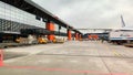 Moscow Sheremetyevo International Airport. Airplanes on a runway, view from an airplane passenger delivery bus