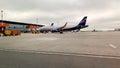 Moscow Sheremetyevo International Airport. Airplanes on a runway, view from an airplane passenger delivery bus