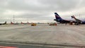 Moscow Sheremetyevo International Airport. Airplanes on a runway, view from an airplane passenger delivery bus