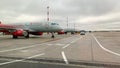 Moscow Sheremetyevo International Airport. Airplanes on a runway, view from an airplane passenger delivery bus