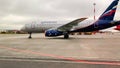 Moscow Sheremetyevo International Airport. Airplanes on a runway, view from an airplane passenger delivery bus