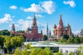 Moscow skyline with Cathedral of Vasily the Blessed Saint Basil`s Cathedral and Spasskaya Tower on Red Square, Russia Royalty Free Stock Photo