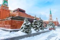 Moscow in snowy winter, Russia. Lenin`s Mausoleum by Moscow Kremlin on Red Square under snow. Mausoleum is a famous landmark of Royalty Free Stock Photo