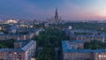 Moscow State University night to day timelapse before sunrise aerial view from rooftop.