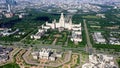 Moscow State University overhead view from distance without skyline. Panoramic view on megapolis and Botanic Garden.