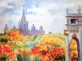 Moscow State University on Sparrow Hills, Russia, watercolor painting