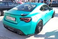 Moscow. Summer 2018. Aquamarine Matte Toyota GT86 Tuned with air suspension, exclusive wide wheels. Wrapped in special film.