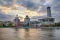 Moscow summer landscape with river and hall of music. Royalty Free Stock Photo