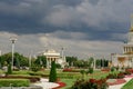 Moscow. summer 2022. A storm cloud over VDNKh Park. The sun before the rain. Stormy sky with clouds.