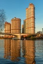 Moscow tall buildings at Moskva River, Russia. Residential complex Alye Parusa on blue sky Royalty Free Stock Photo