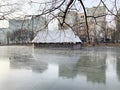 Moscow, thin autumn ice on Clean ponds Chistye prudy