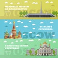 Moscow tourist landmark banners. Vector illustration with Russian famous buildings.