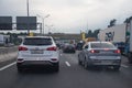 Moscow traffic jam on Mkad. A lot of cars. Difficult movement. Stream of cars on the road. Moscow, Moscow region, Moscow Ring Road Royalty Free Stock Photo