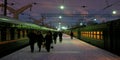 Moscow Train Platform, Winter, Warm Glow in Windows