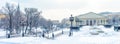 Moscow in winter, Russia. Snowy Alexander Garden and Manezhnaya Square near Moscow Kremlin Royalty Free Stock Photo