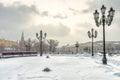 Moscow in winter, Russia. Snowy Manezhnaya Square near Moscow Kremlin Royalty Free Stock Photo