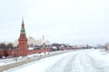 Moscow winter snowy cityscape. View of the Kremlin with the Moscow River in winter Royalty Free Stock Photo