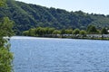 Minheim, Germany - 06 01 2021: Mosel valley with waterfront camping in Minheim Royalty Free Stock Photo