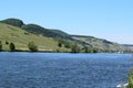 Minheim, Germany - 06 01 2021: Mosel valley with blue river and green vineyards Royalty Free Stock Photo