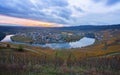 Moselle vineyards and Piesport village in the golden autumn at dusk Royalty Free Stock Photo