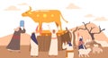 Moses Holds up Tablets with Ten Commandments. Israelites Worshiping Idol of Golden Taurus. Cartoon Vector Illustration