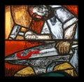 Moses, the journey of the nation at the end of the day on Mount Sinai, detail of stained glass in Saint James church in Sontbergen