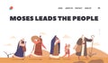 Moses Leads the People Landing Page Template. Biblical Prophet Guides Israelites Through Desert Vector Illustration