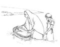 Moses` mother puts him in a basket on the river. Pencil drawing
