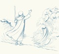 Moses with the staff at the sea. Vector drawing