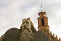 Moses statue and a belfry of a gothic church in a background Royalty Free Stock Photo