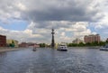 Moskow Moskva River  and the Peter the Great Statue, Russia. View from tourist pleasure boat. Royalty Free Stock Photo