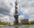 Moskow Moskva River  and the Peter the Great Statue, Russia. View from tourist pleasure boat. Royalty Free Stock Photo