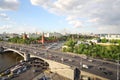 Moskva river, cars at Big Stone Bridge, Red towers of Kremlin Royalty Free Stock Photo
