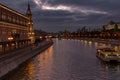 Moskva river embankments on a background of dramatic cloudy sky in evening. Moscow landscape Royalty Free Stock Photo