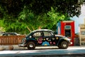 Moskvitch black car with intersting notes on the sunny street Royalty Free Stock Photo