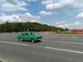 Moskvitch 2138 car drive on street Old retro auto on the street in motion