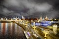 Moskvoretsky bridge and Moskvoretskaya embankment near St. Basil`s Cathedral and the Kremlin