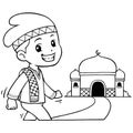 Moslem Boy Character Going To Mosque BW