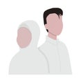 Moslem couple standing next to each other wearing white. Cartoon illustration. Great addition for wedding invitation.