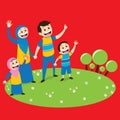 Moslem family in park illustration with red background