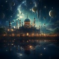 mosque adorned with lights and decorations during an Eid night Royalty Free Stock Photo