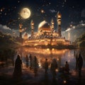 mosque adorned with lights and decorations during an Eid night Royalty Free Stock Photo