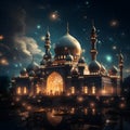 mosque adorned with lights and decorations during an Eid night Royalty Free Stock Photo