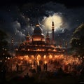 mosque adorned with lights and decorations during an Eid night Royalty Free Stock Photo