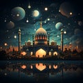 mosque adorned with lights and decorations during an Eid night Royalty Free Stock Photo