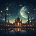 mosque adorned with lights and decorations during an Eid night Royalty Free Stock Photo