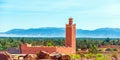 Mosque against the backdrop of a mountain landscape, Zagora, Morocco. Copy space for text Royalty Free Stock Photo