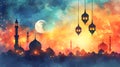 Mosque and Arabic lanterns under the moon in a watercolor illustration, Ramadan